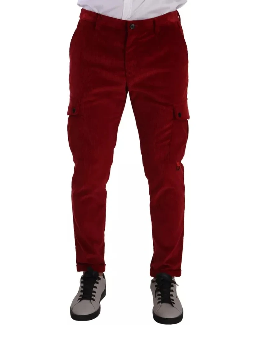 Red Corduroy Cotton Cargo Skinny Pants