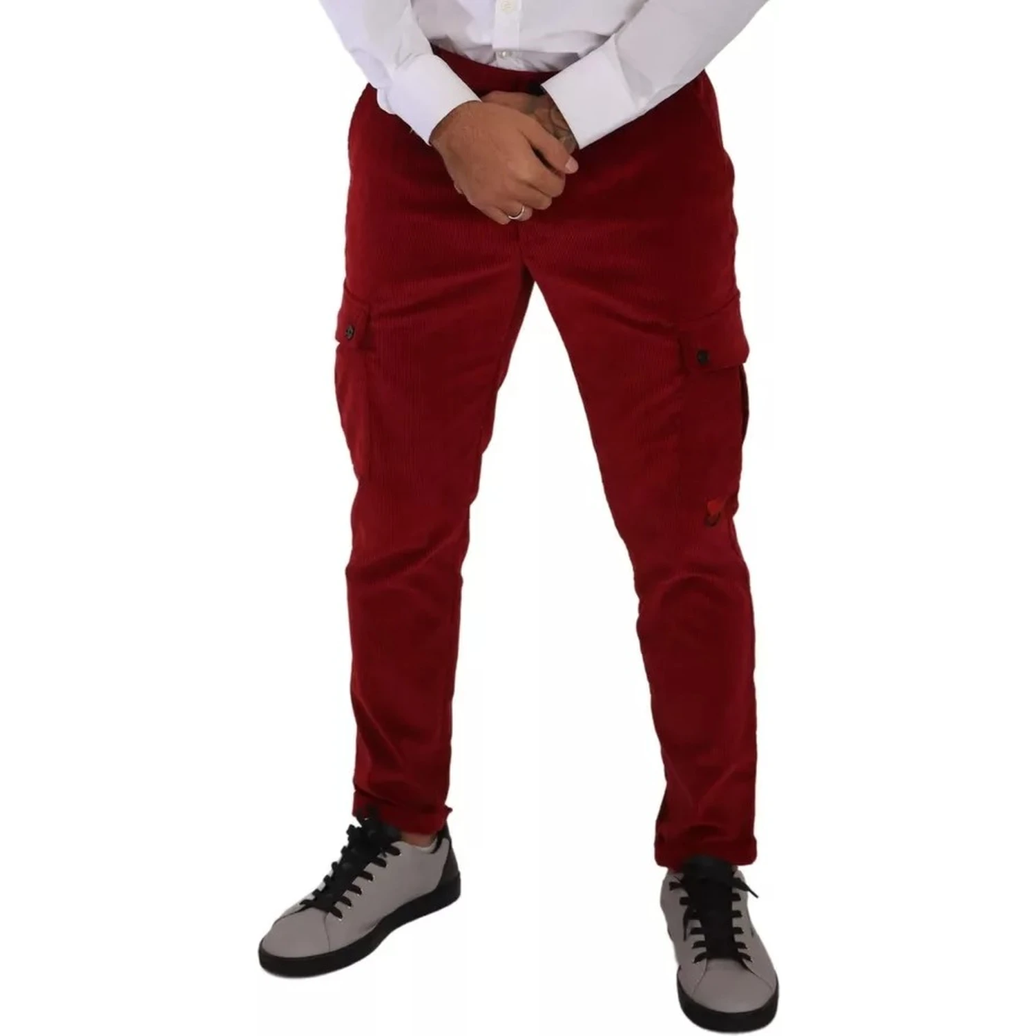 Red Corduroy Cotton Cargo Skinny Pants