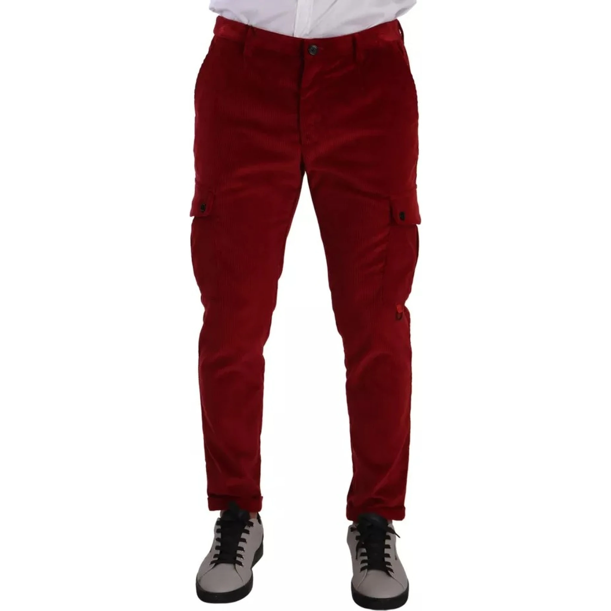 Red Corduroy Cotton Cargo Skinny Pants