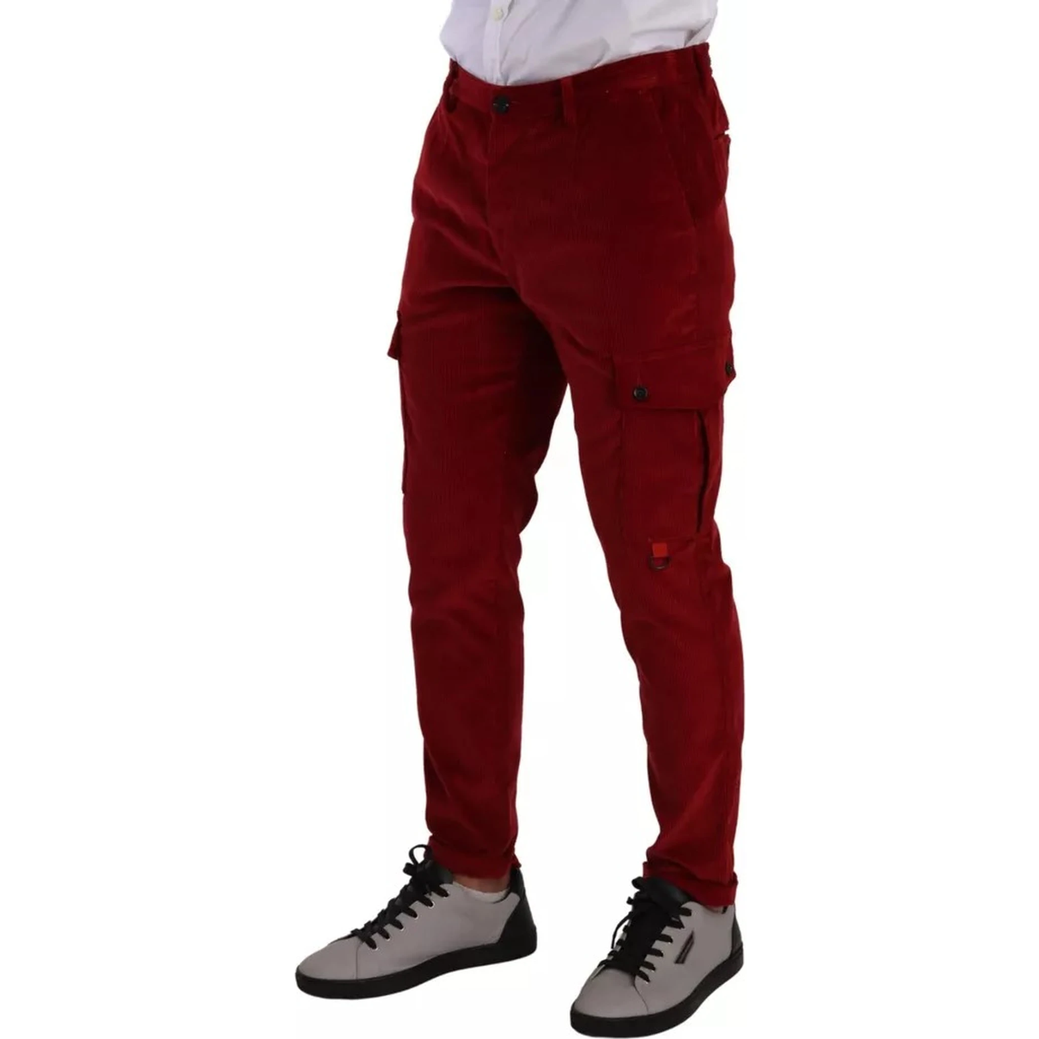 Red Corduroy Cotton Cargo Skinny Pants