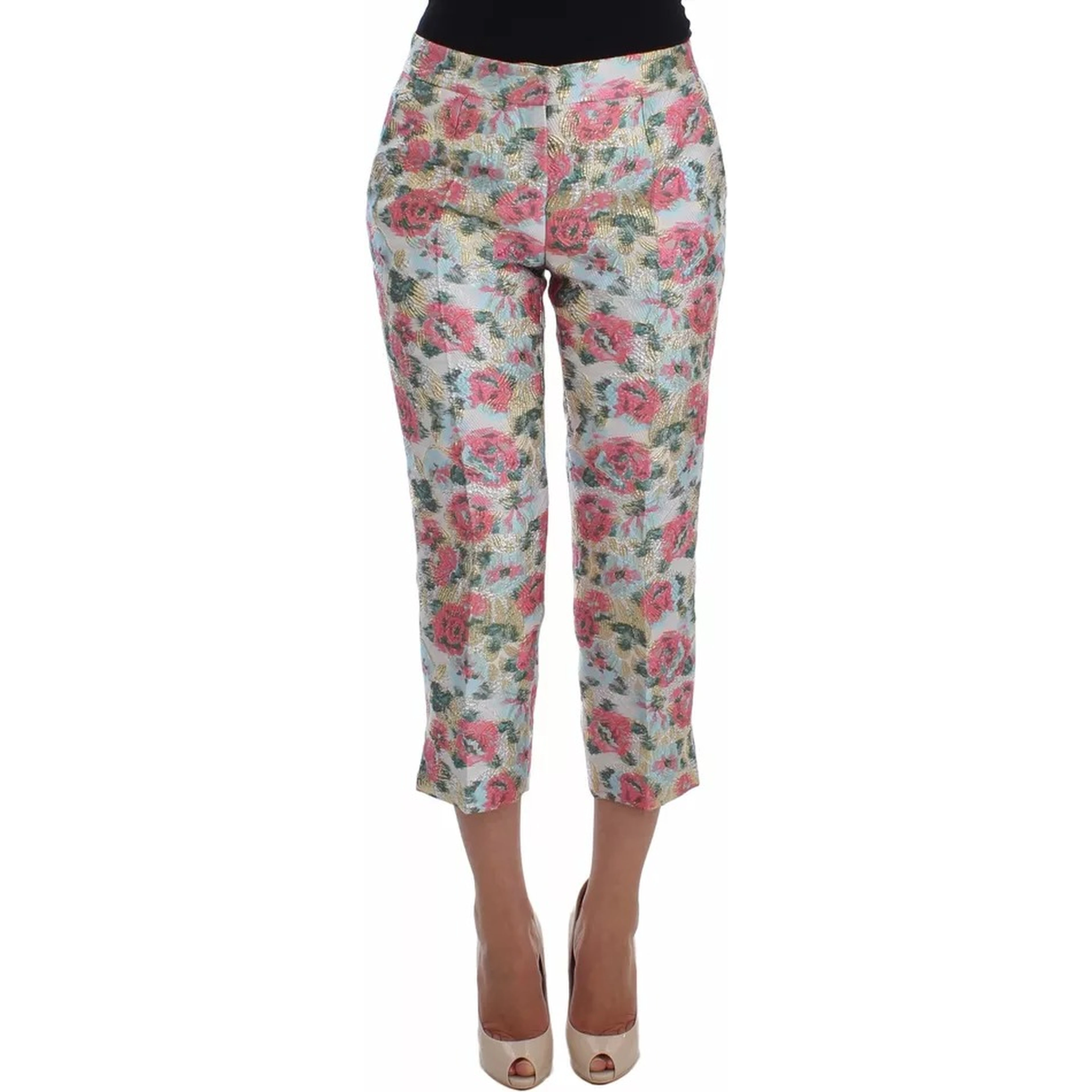 White Pink Floral Brocade Pants