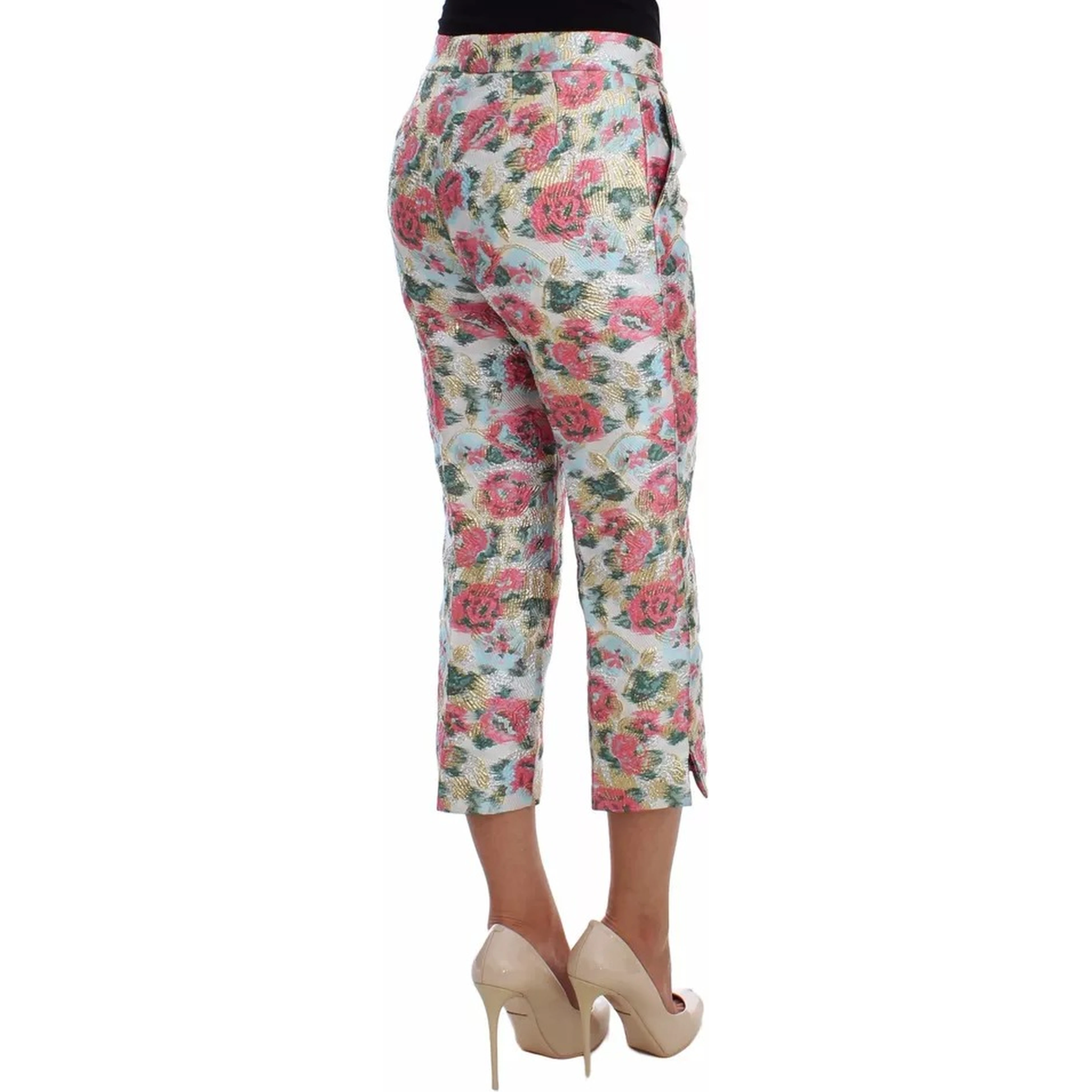 White Pink Floral Brocade Pants