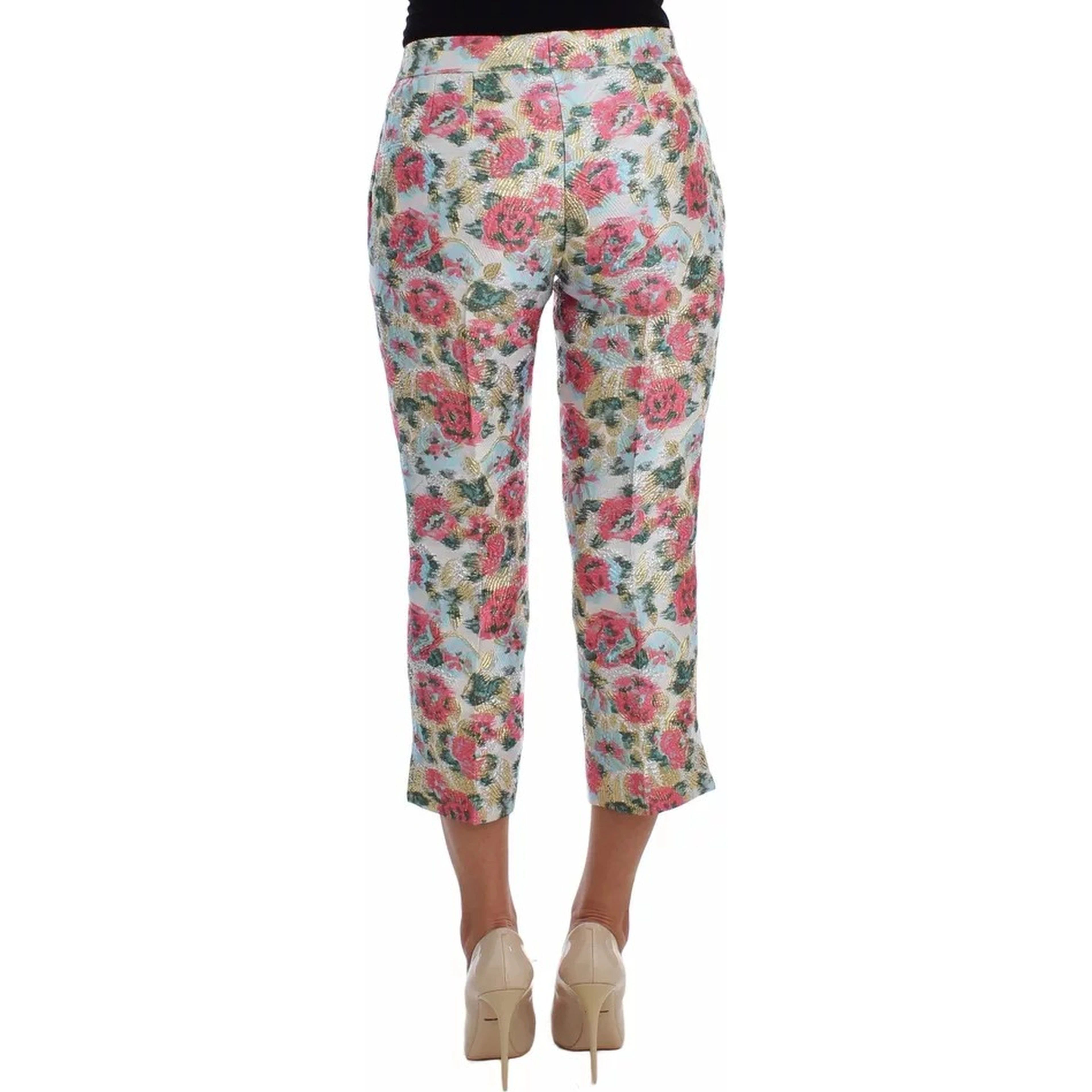 White Pink Floral Brocade Pants