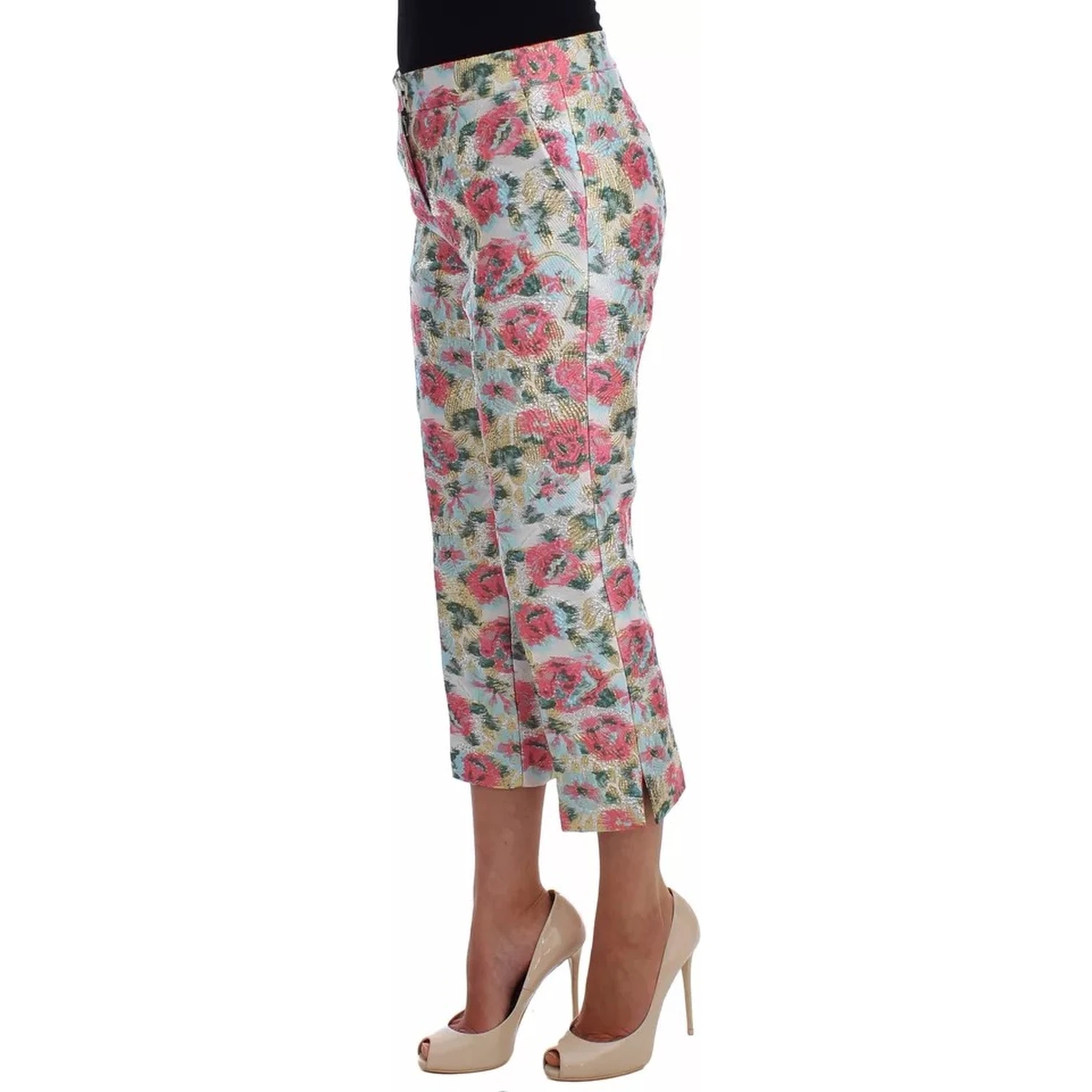 White Pink Floral Brocade Pants