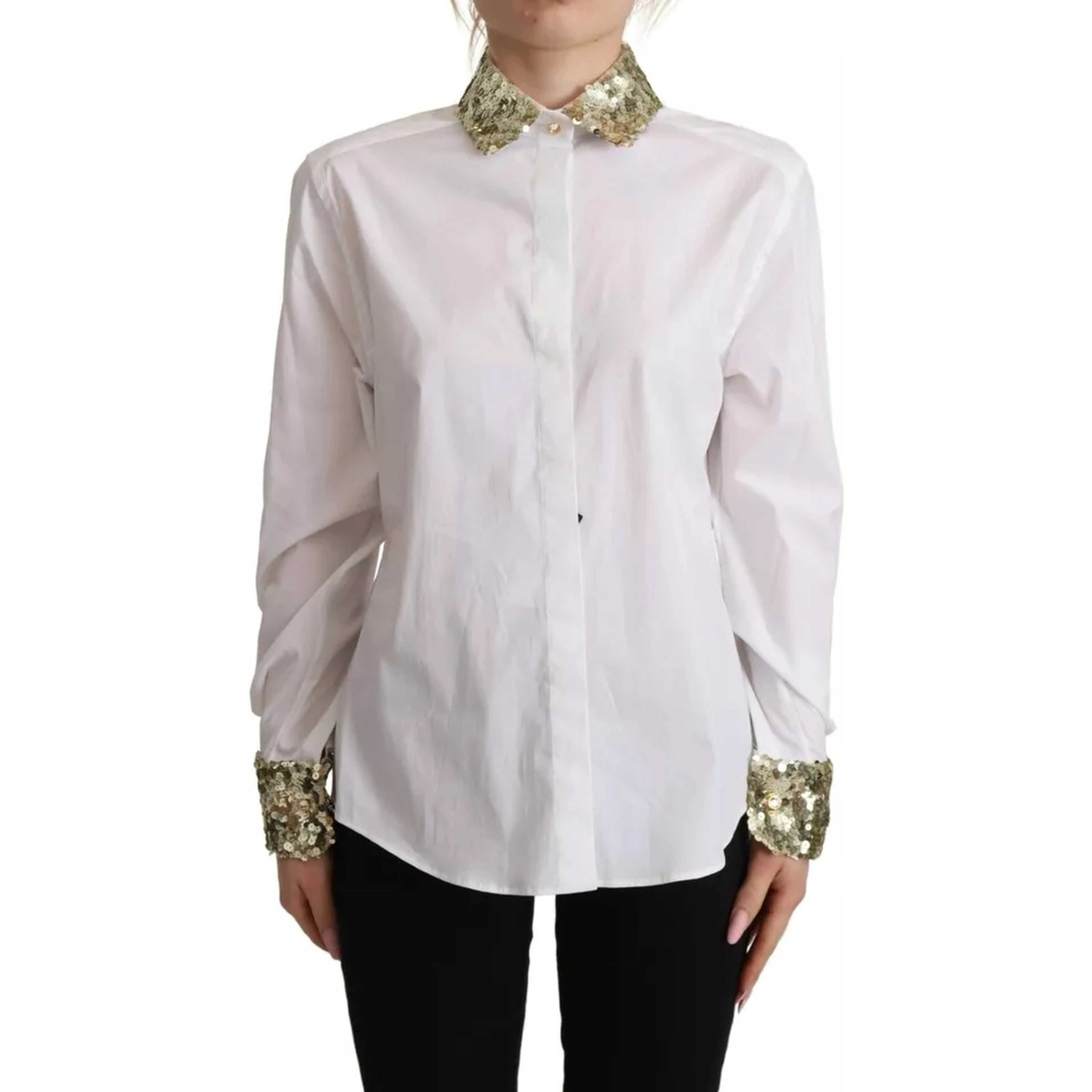 White Cotton Collared Long Sleeves Sequin Top Shirt