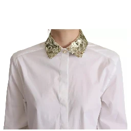 White Cotton Collared Long Sleeves Sequin Top Shirt