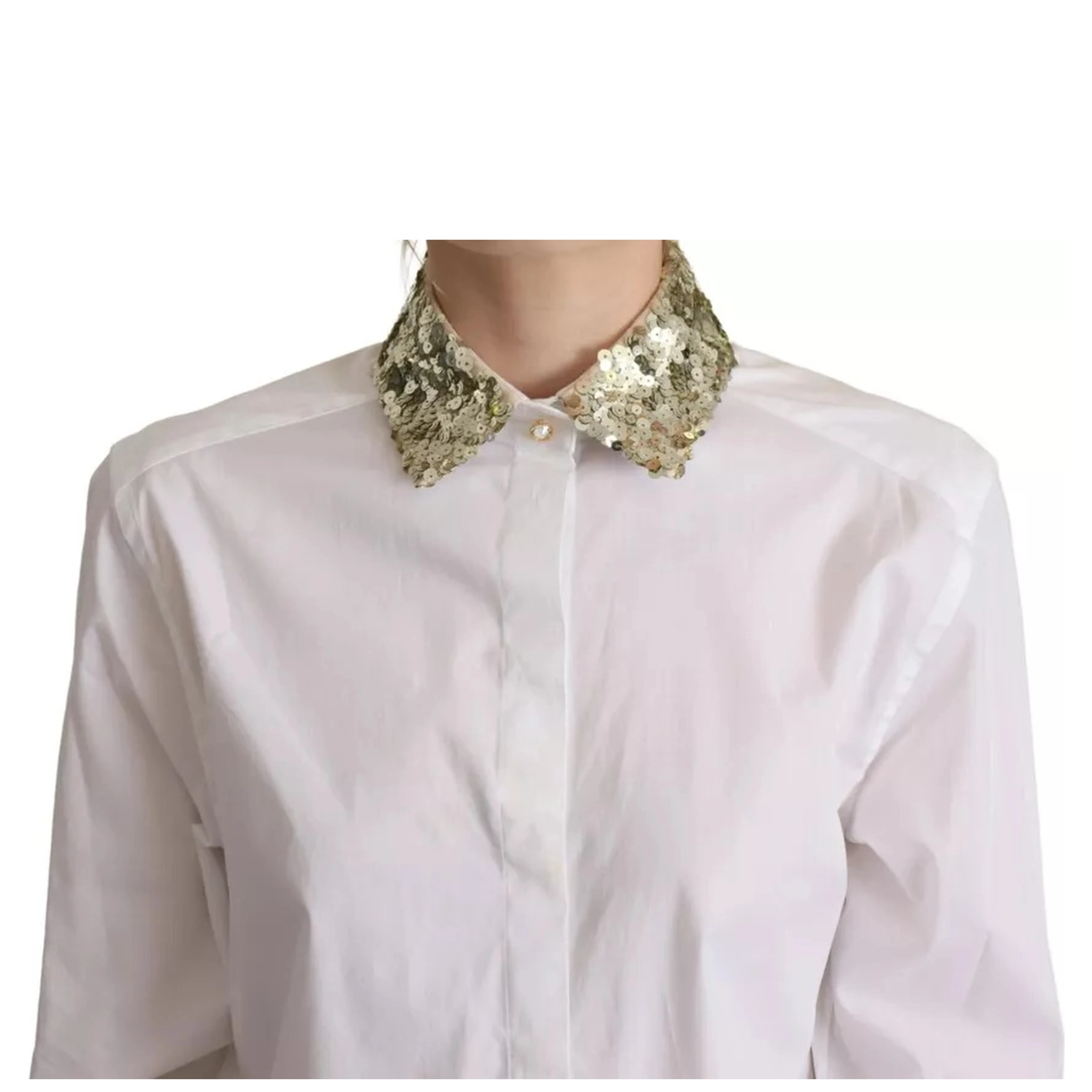 White Cotton Collared Long Sleeves Sequin Top Shirt