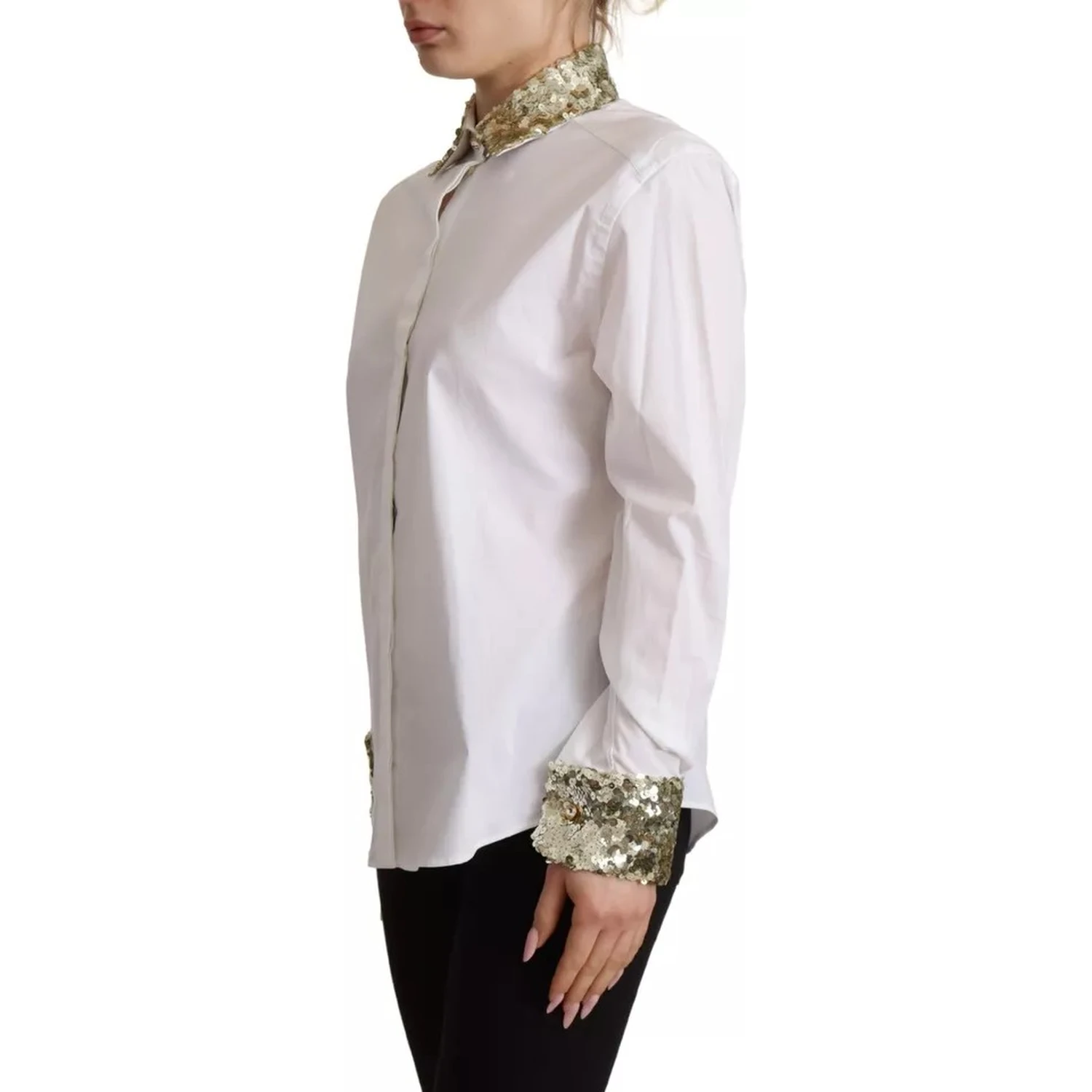 White Cotton Collared Long Sleeves Sequin Top Shirt