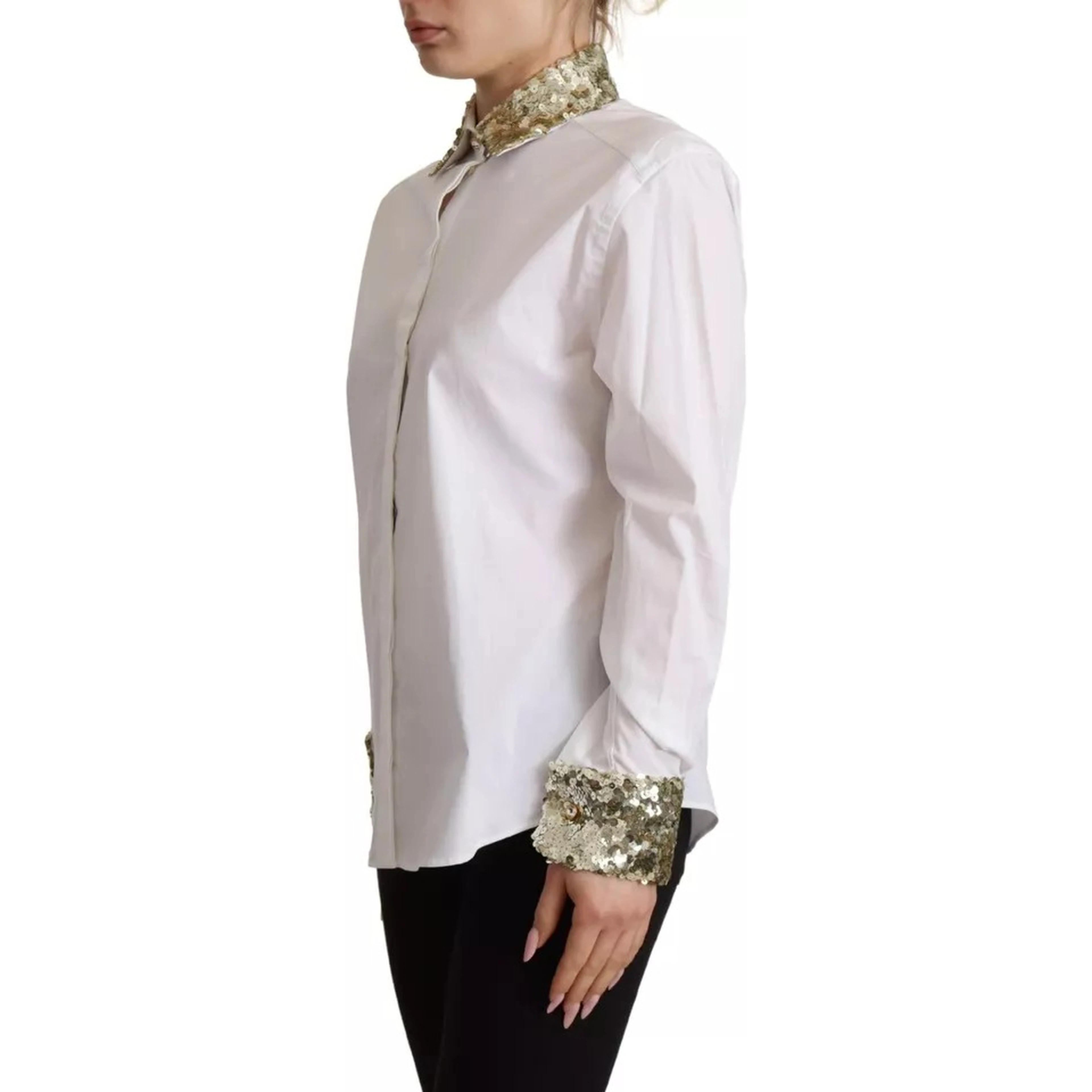 White Cotton Collared Long Sleeves Sequin Top Shirt
