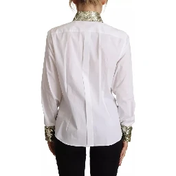 White Cotton Collared Long Sleeves Sequin Top Shirt