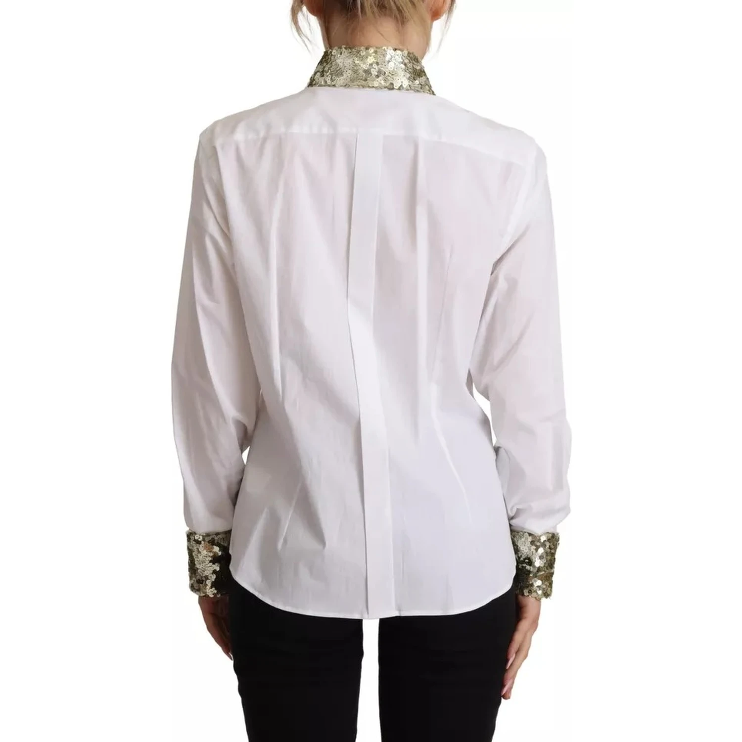 White Cotton Collared Long Sleeves Sequin Top Shirt