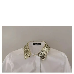White Cotton Collared Long Sleeves Sequin Top Shirt