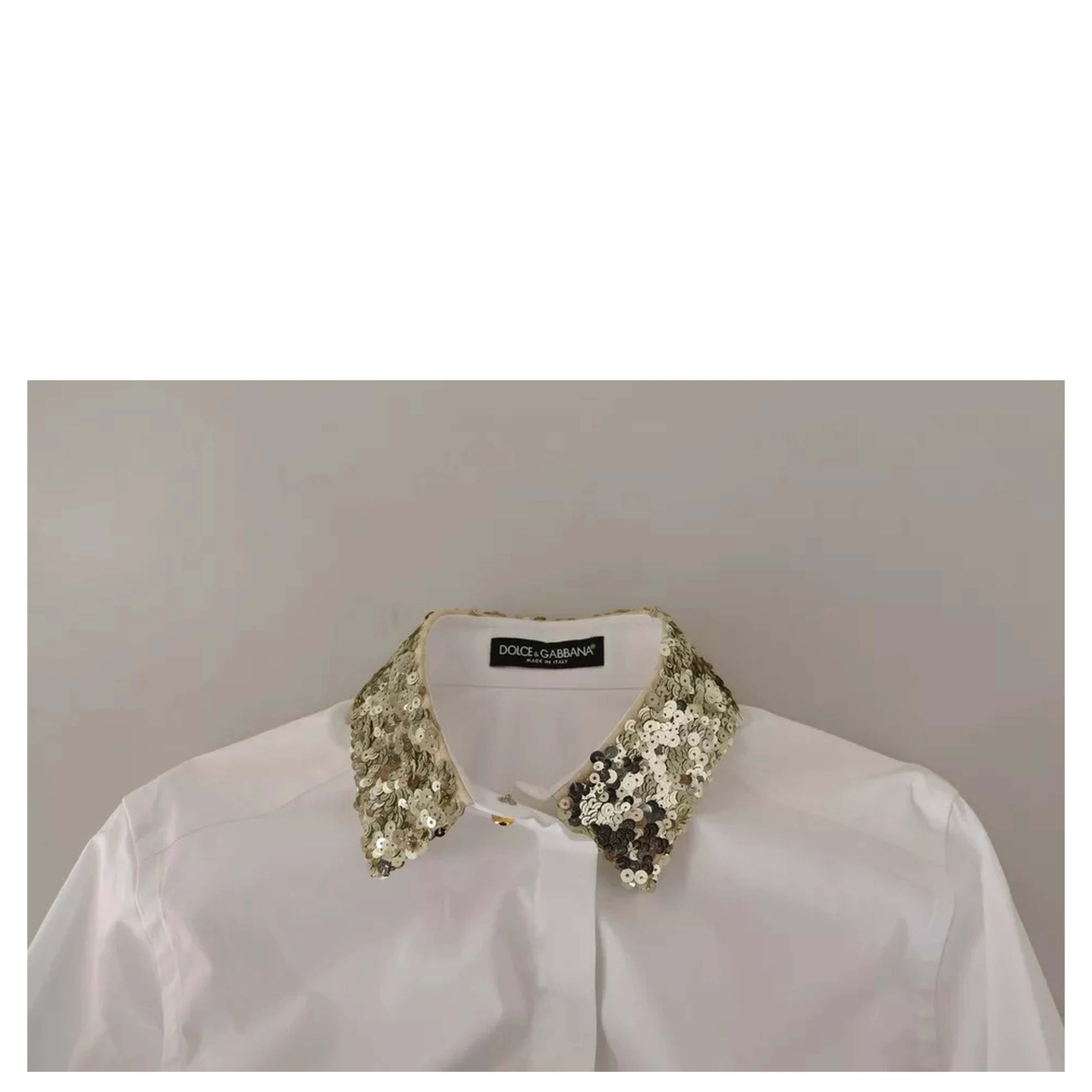 White Cotton Collared Long Sleeves Sequin Top Shirt