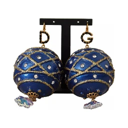 Gold Brass Blue Christmas Ball Crystal Hook Jewelry Earrings