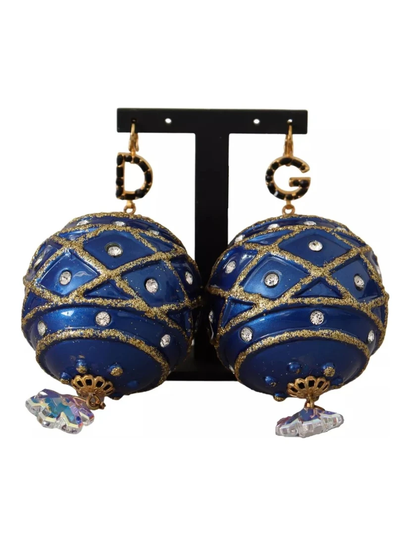 Gold Brass Blue Christmas Ball Crystal Hook Jewelry Earrings