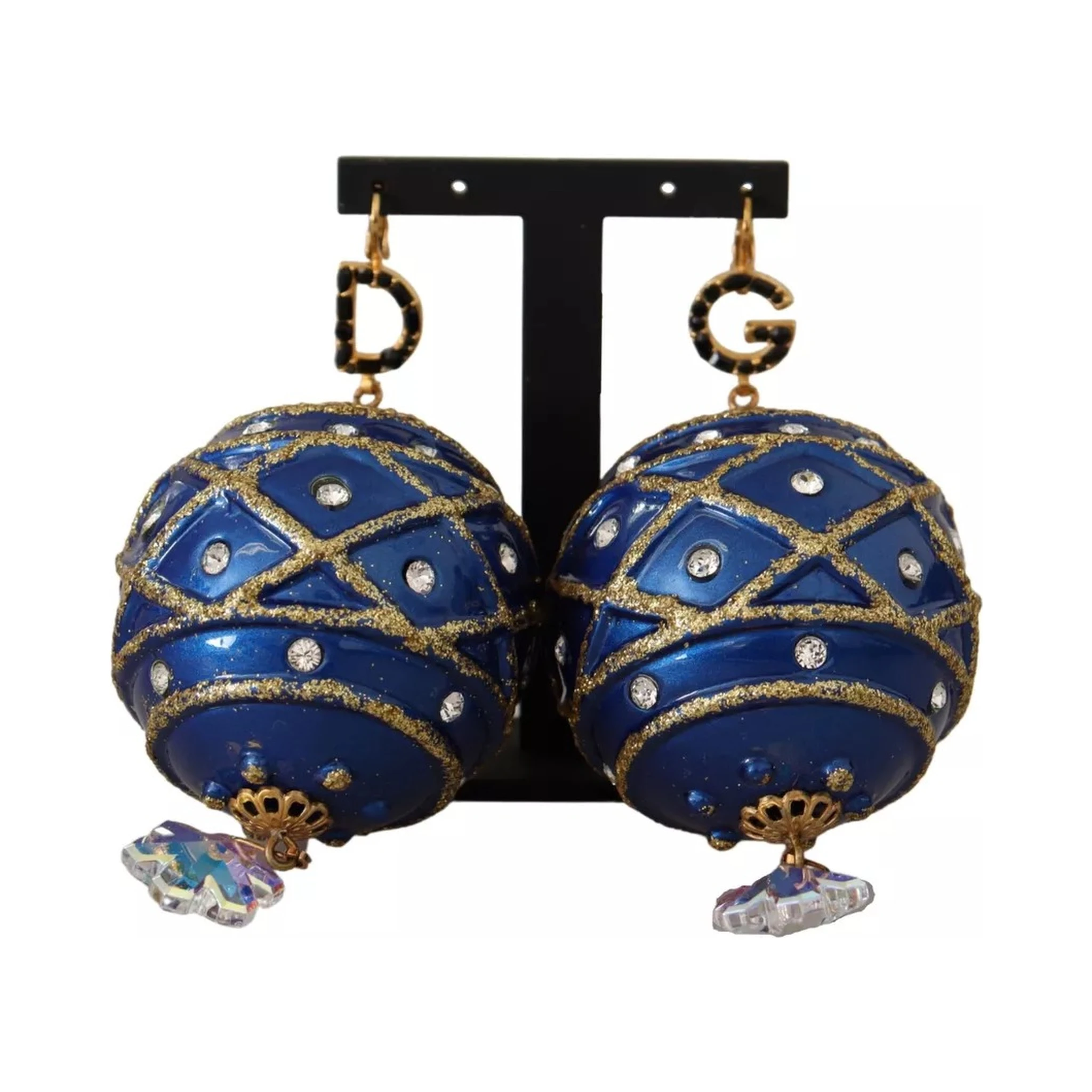 Gold Brass Blue Christmas Ball Crystal Hook Jewelry Earrings