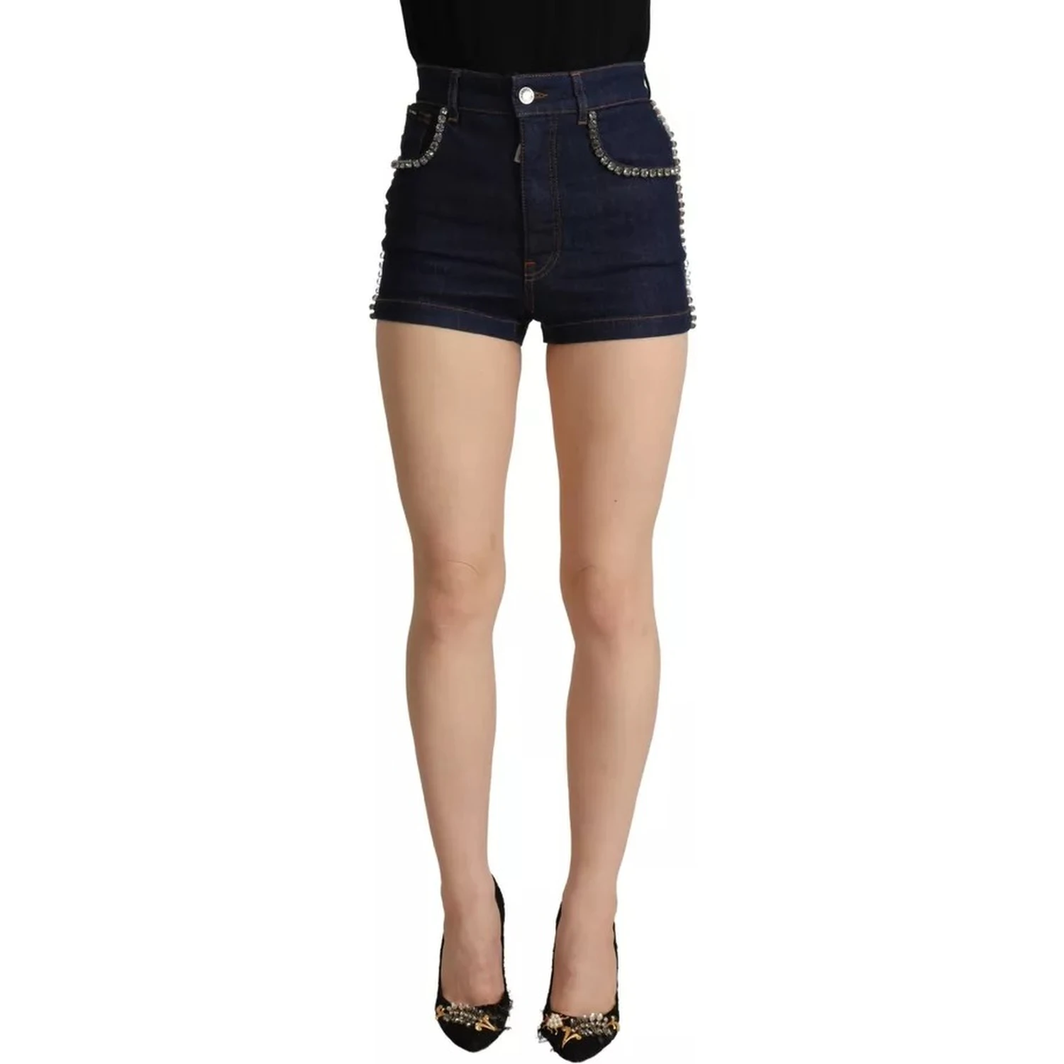 Dark Blue Embellished Denim Hot Pants Shorts