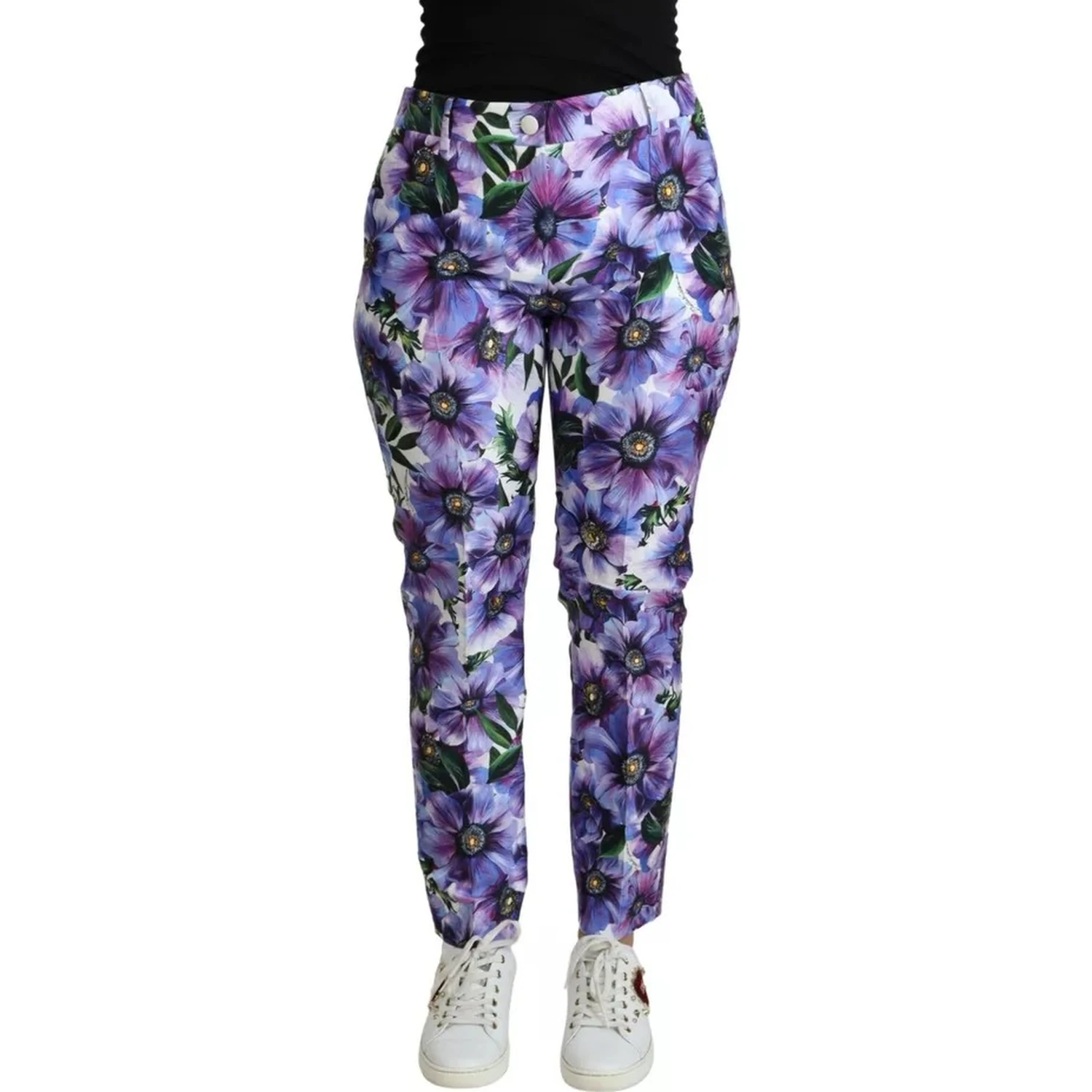 Purple Floral Print Tapered Cotton Pants
