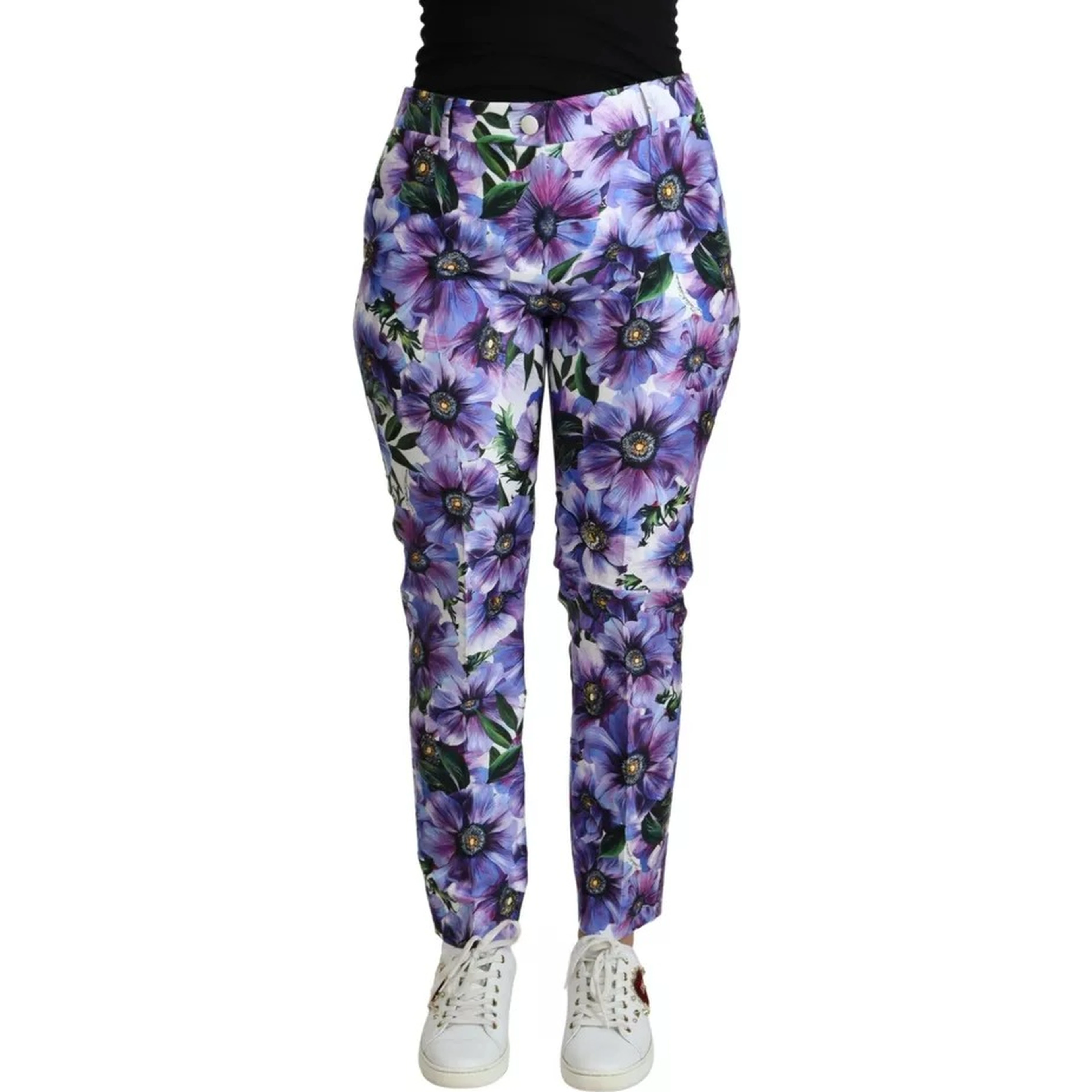 Purple Floral Print Tapered Cotton Pants