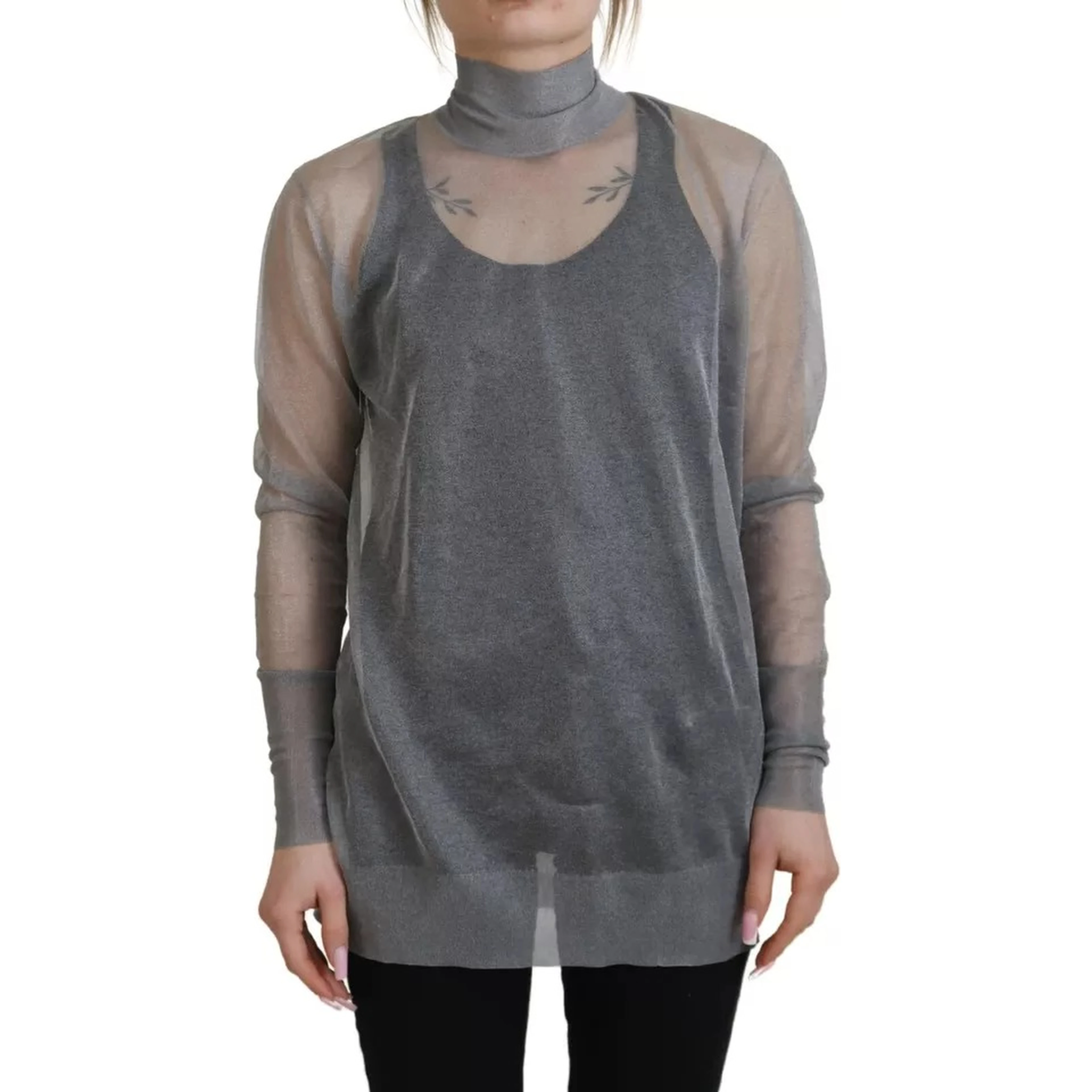 Gray See Through Turtleneck Pullover Sweater