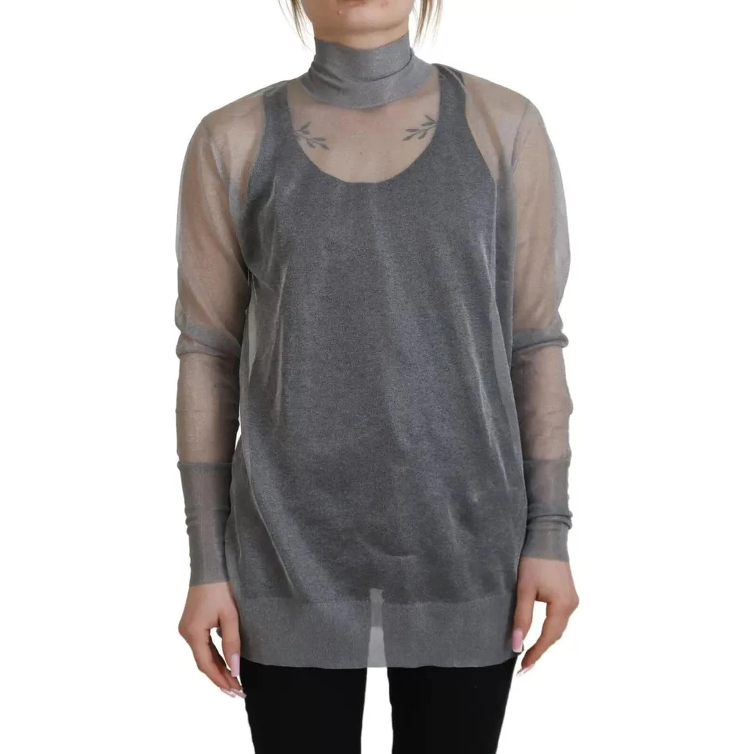 Gray See Through Turtleneck Pullover Sweater