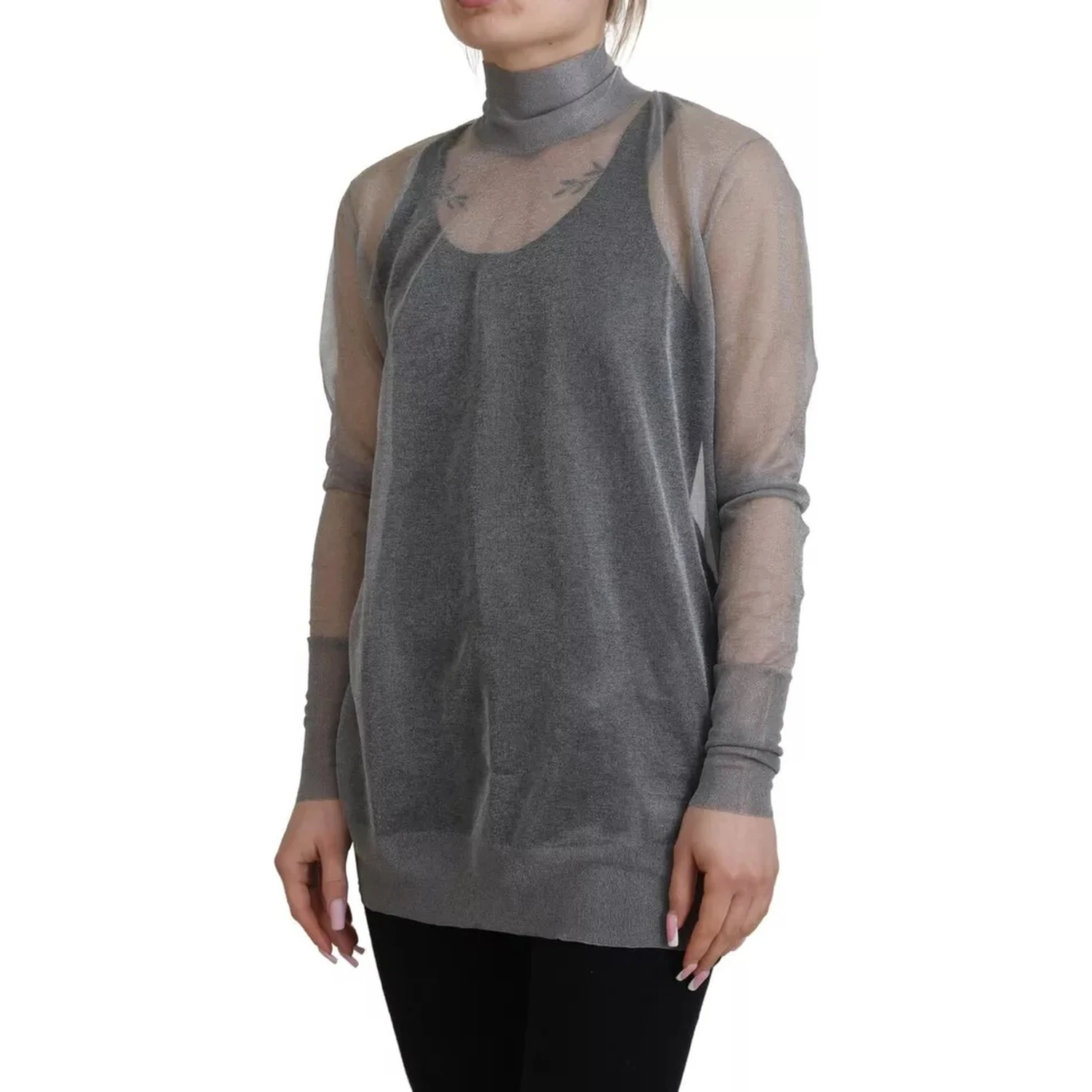 Gray See Through Turtleneck Pullover Sweater