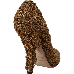 Gold Roses Embellished Heels Pumps Shoes