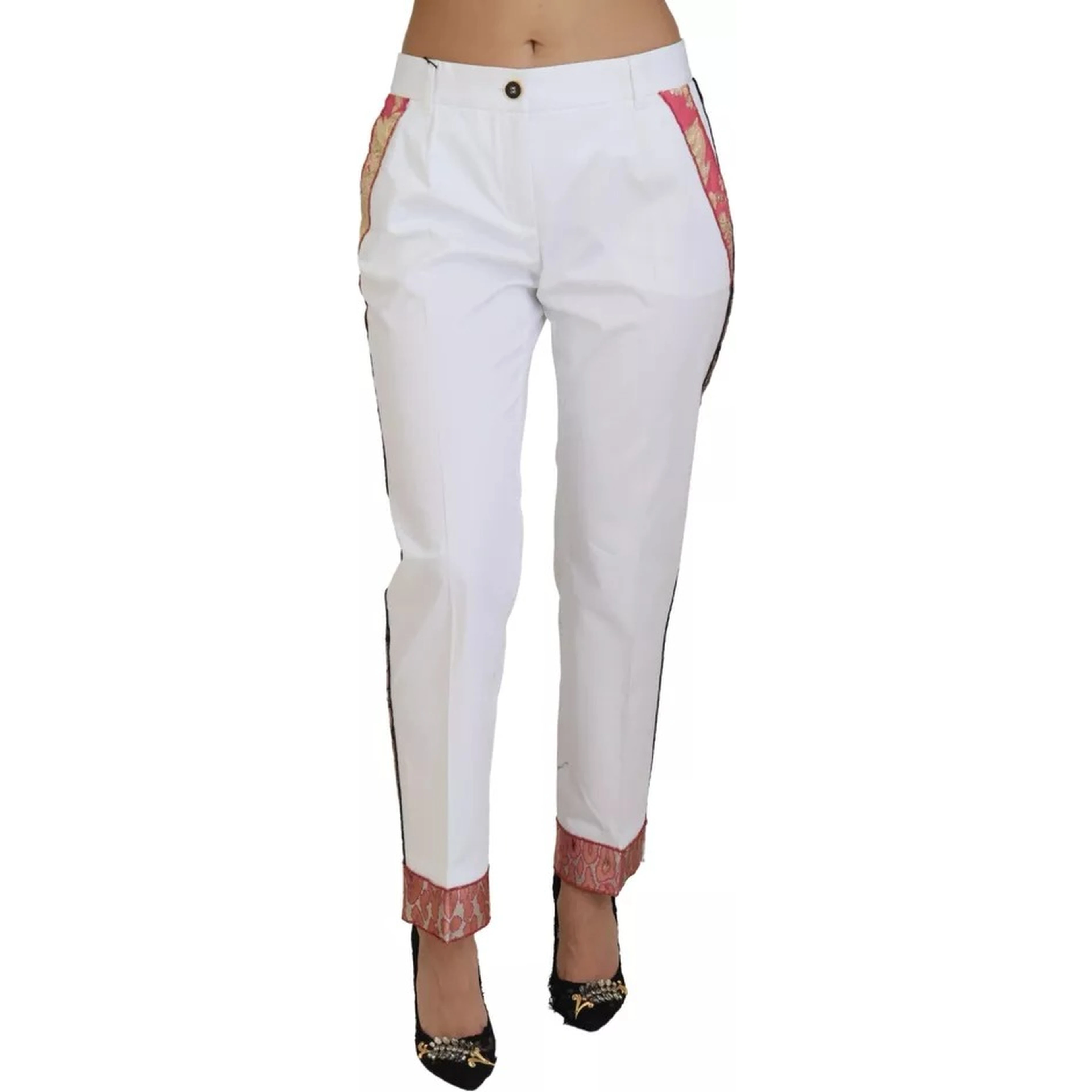 White Jacquard Cotton Blend Mid Waist Pants