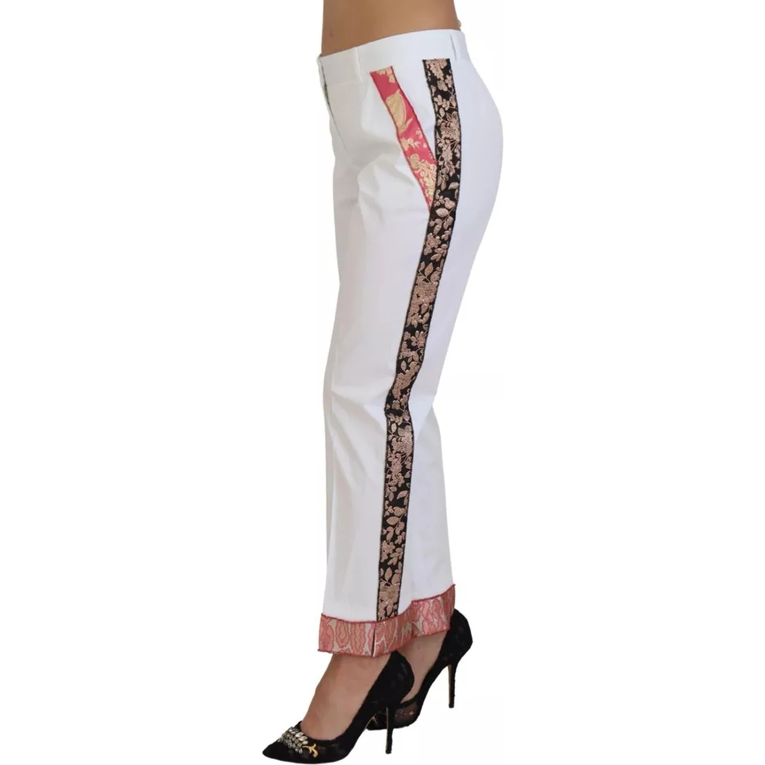 White Jacquard Cotton Blend Mid Waist Pants