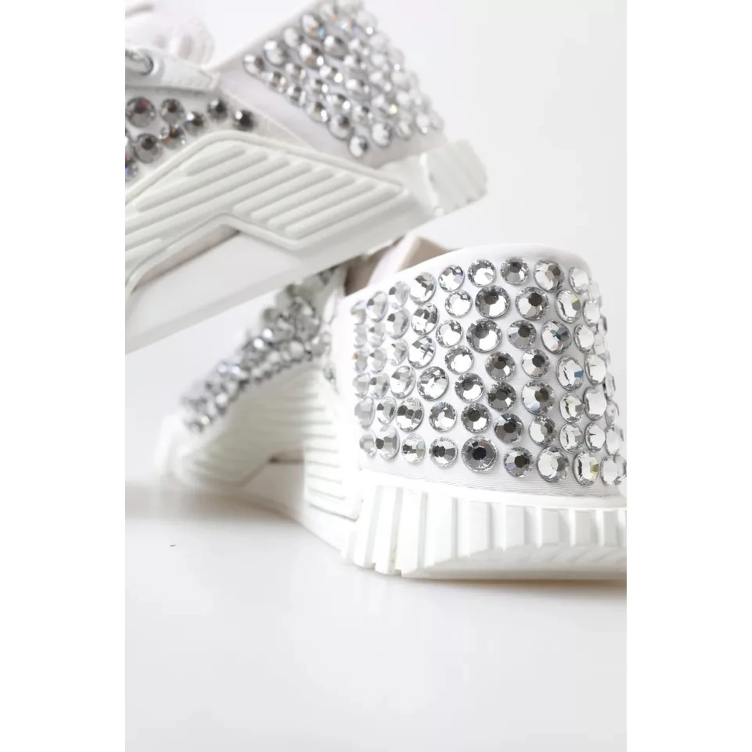 White NS1 Canvas Leather Embellished Sneakers Shoes