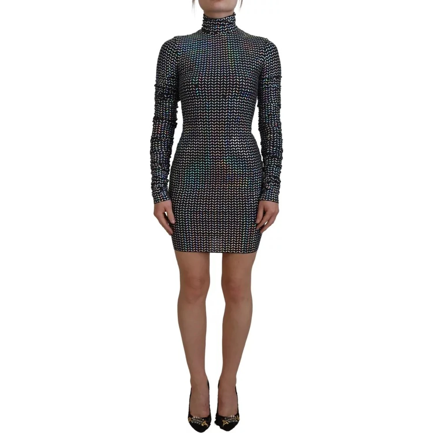 Black Embellished Nylon Bodycon Mini Dress