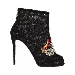 Black Crystal Lace Booties Stilettos Shoes