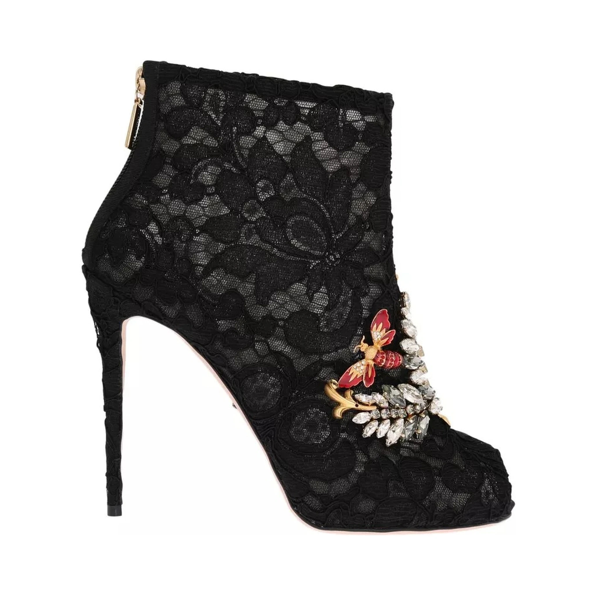 Black Crystal Lace Booties Stilettos Shoes
