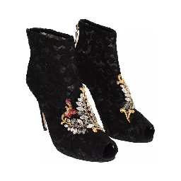 Black Crystal Lace Booties Stilettos Shoes