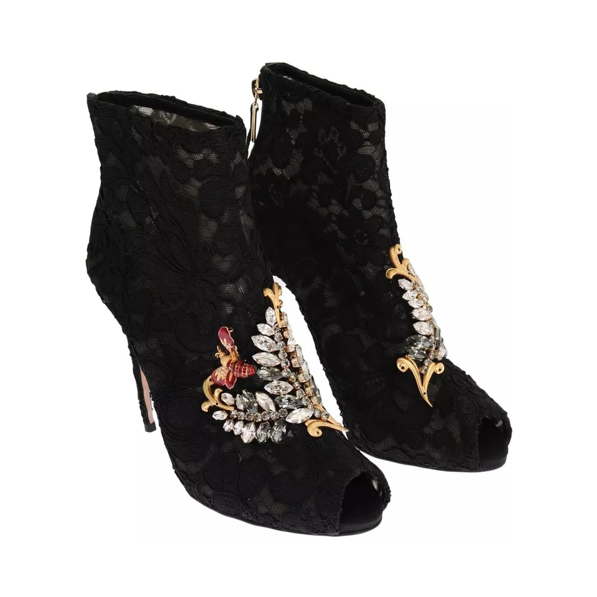 Black Crystal Lace Booties Stilettos Shoes