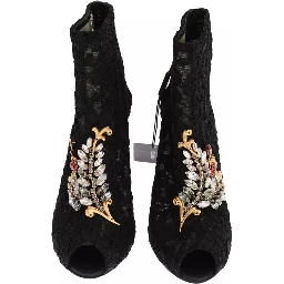 Black Crystal Lace Booties Stilettos Shoes