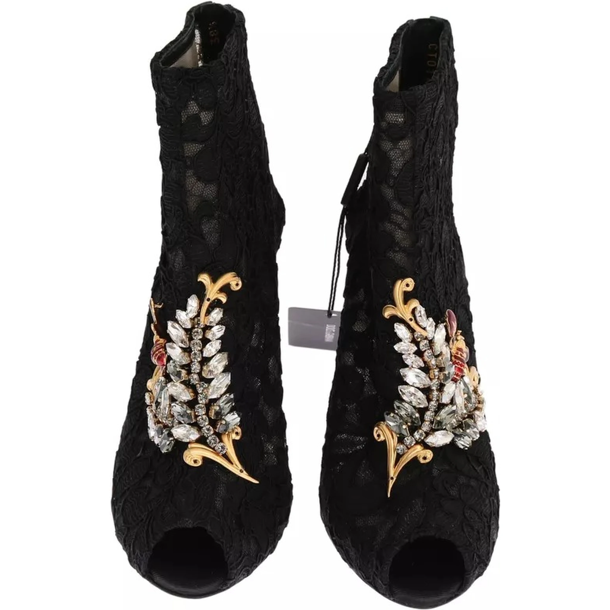 Black Crystal Lace Booties Stilettos Shoes