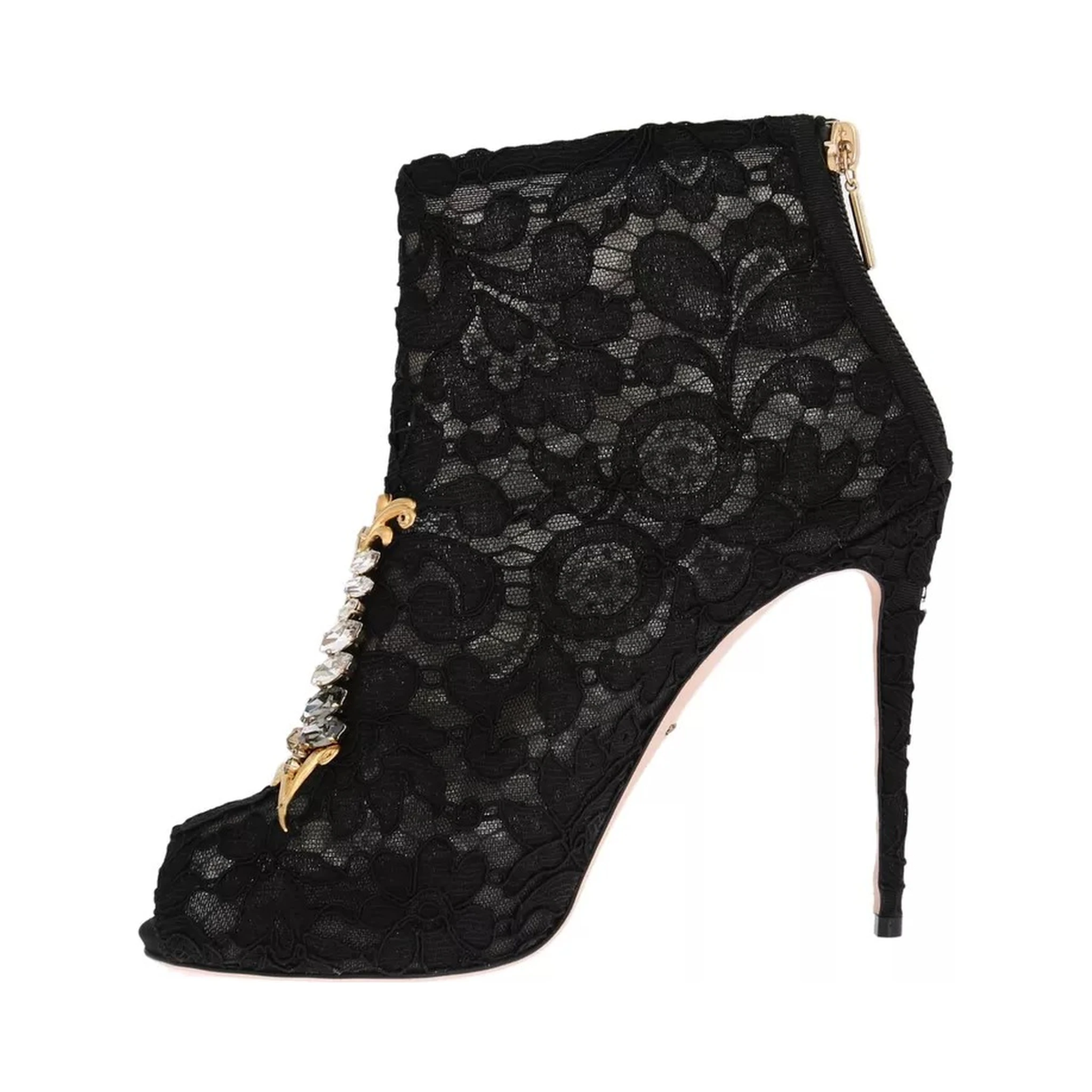 Black Crystal Lace Booties Stilettos Shoes
