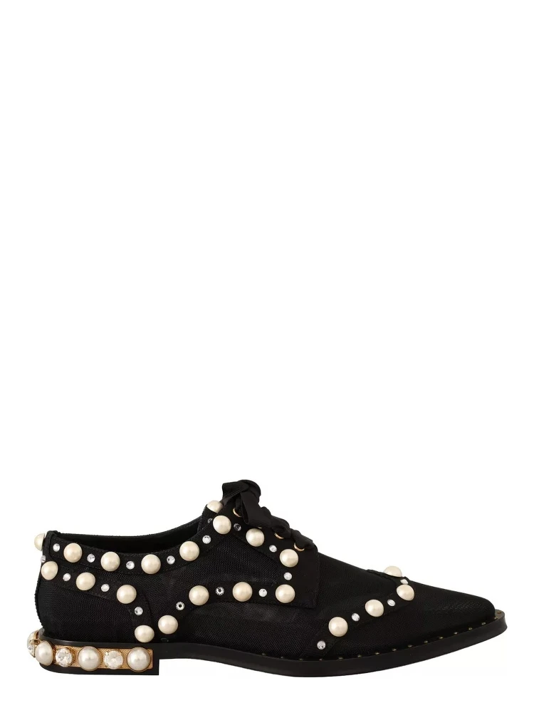 Black Lace Up Jewelled Formal Flats Shoes
