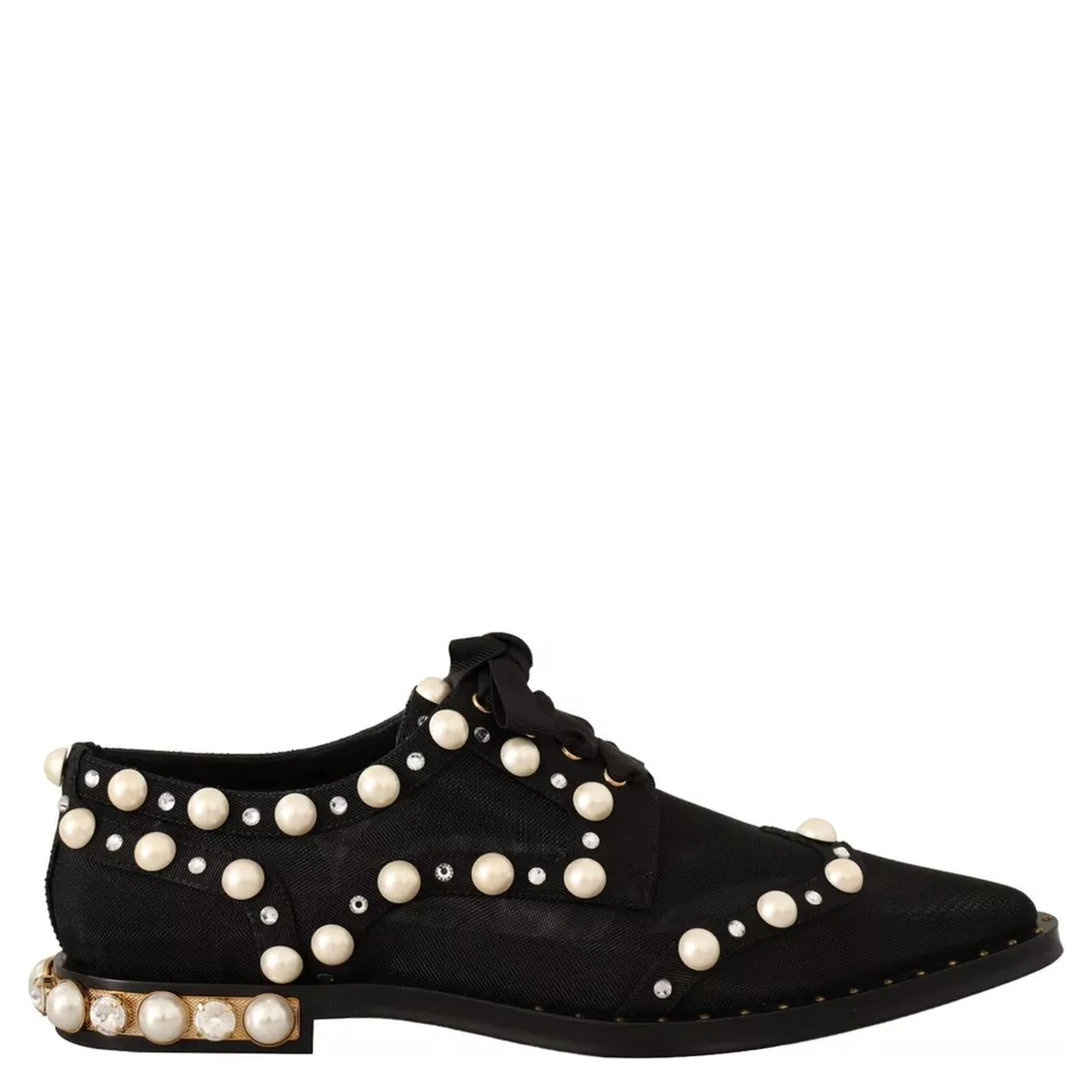 Black Lace Up Jewelled Formal Flats Shoes