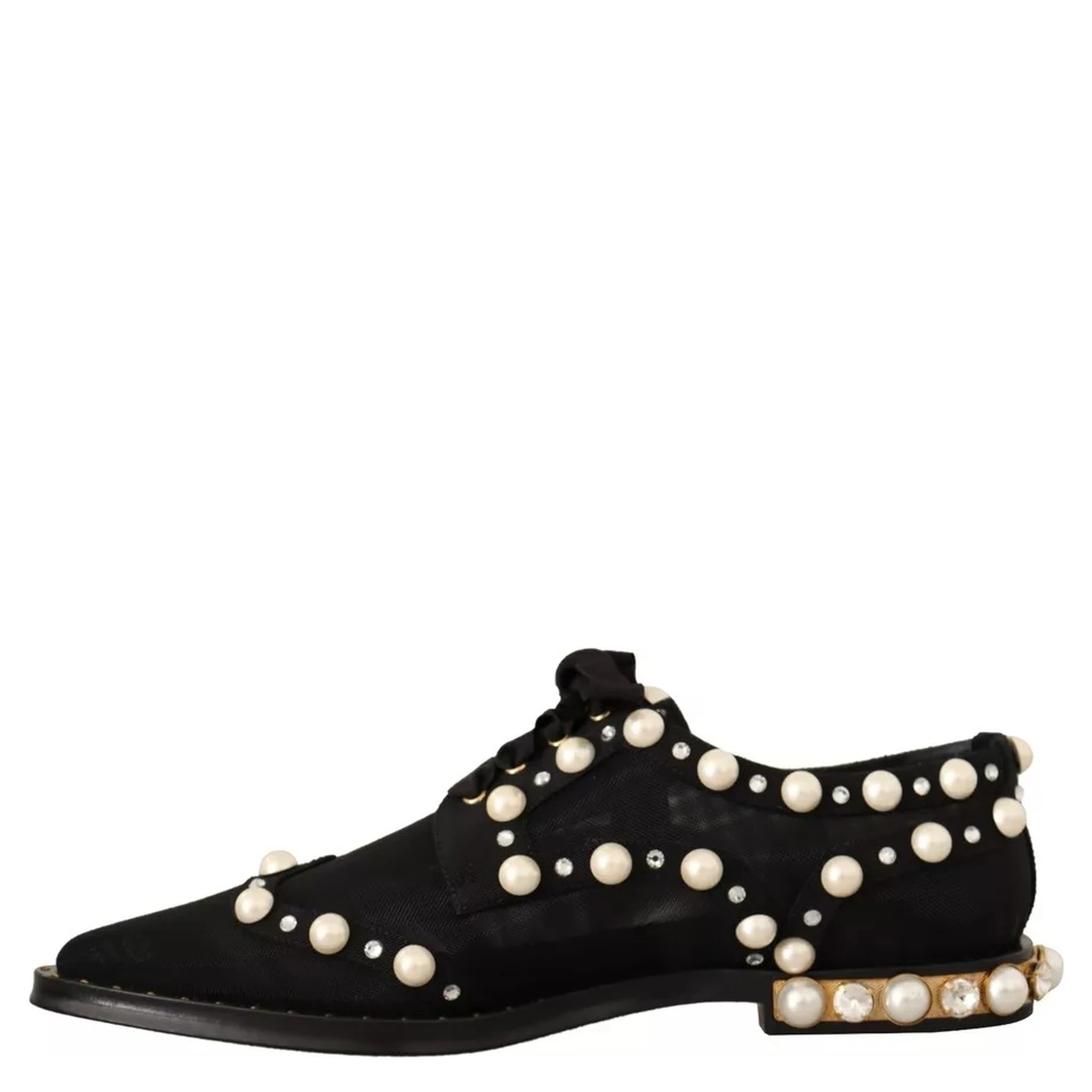Black Lace Up Jewelled Formal Flats Shoes