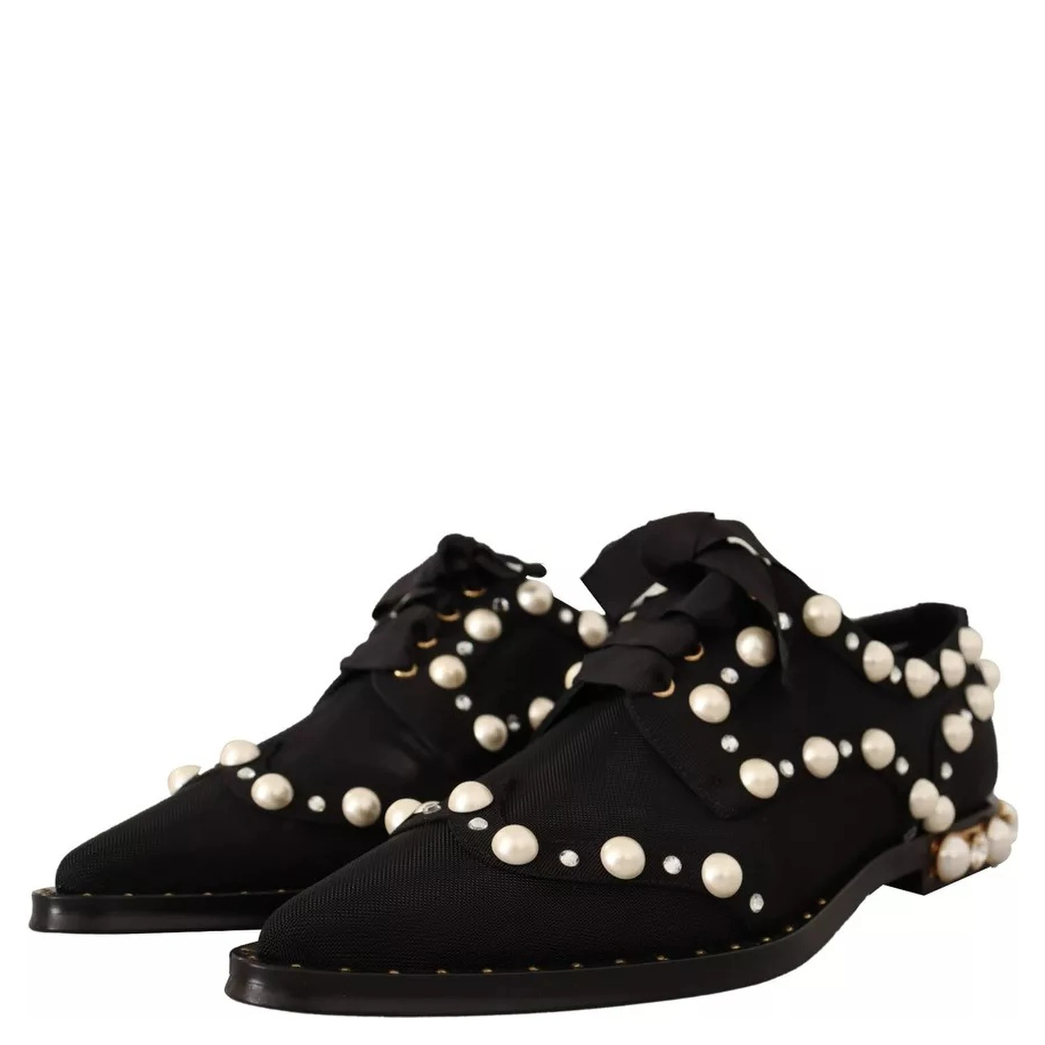 Black Lace Up Jewelled Formal Flats Shoes