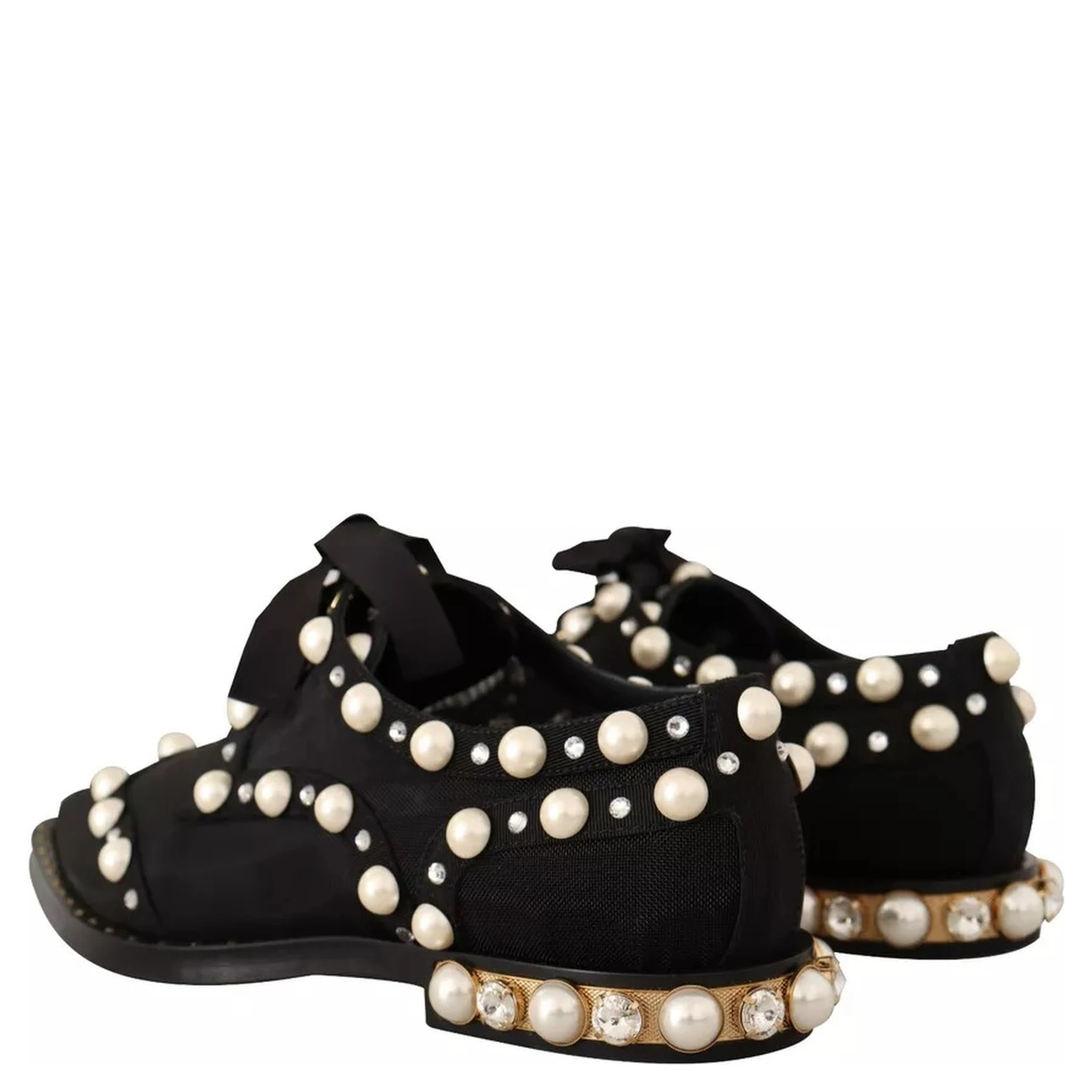 Black Lace Up Jewelled Formal Flats Shoes