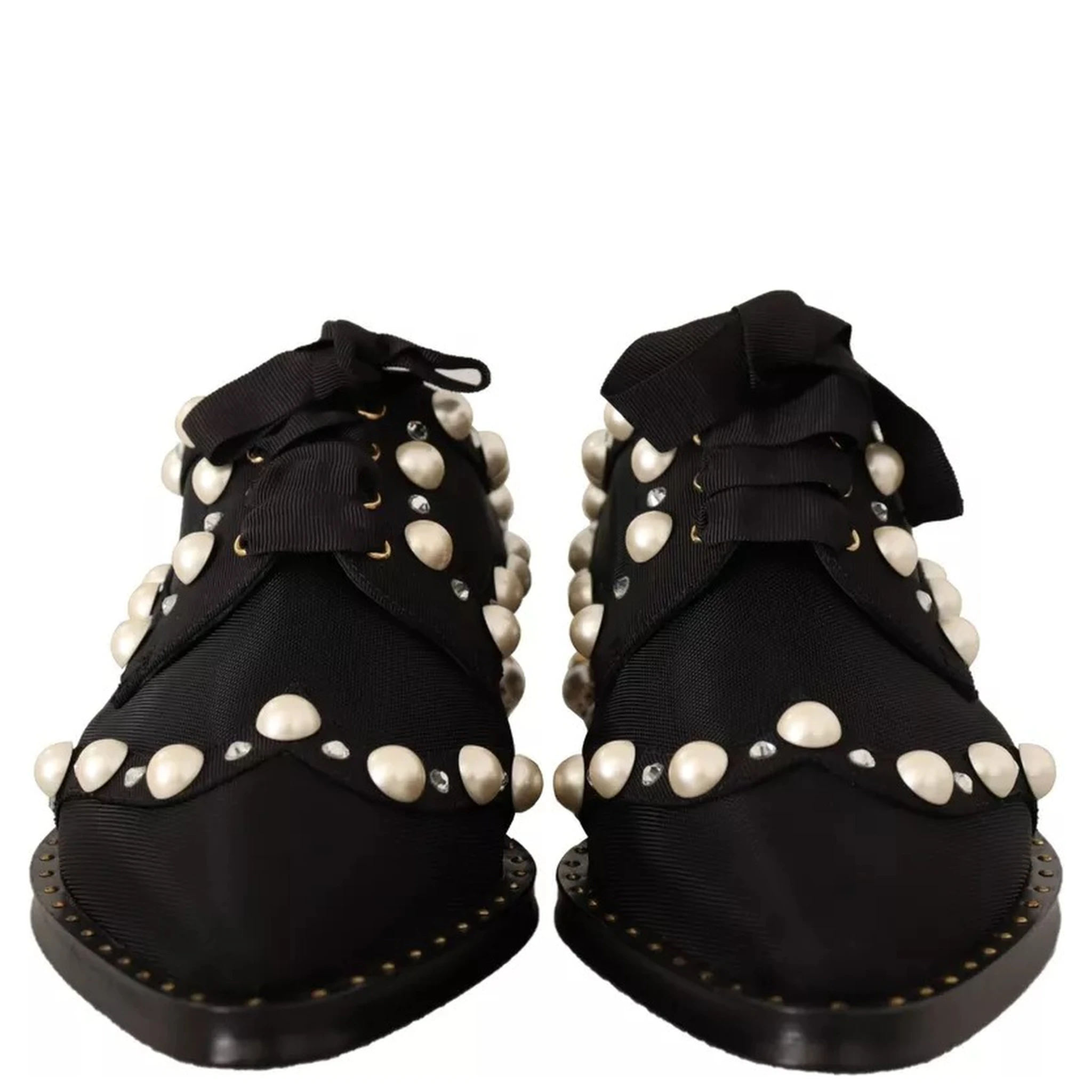 Black Lace Up Jewelled Formal Flats Shoes