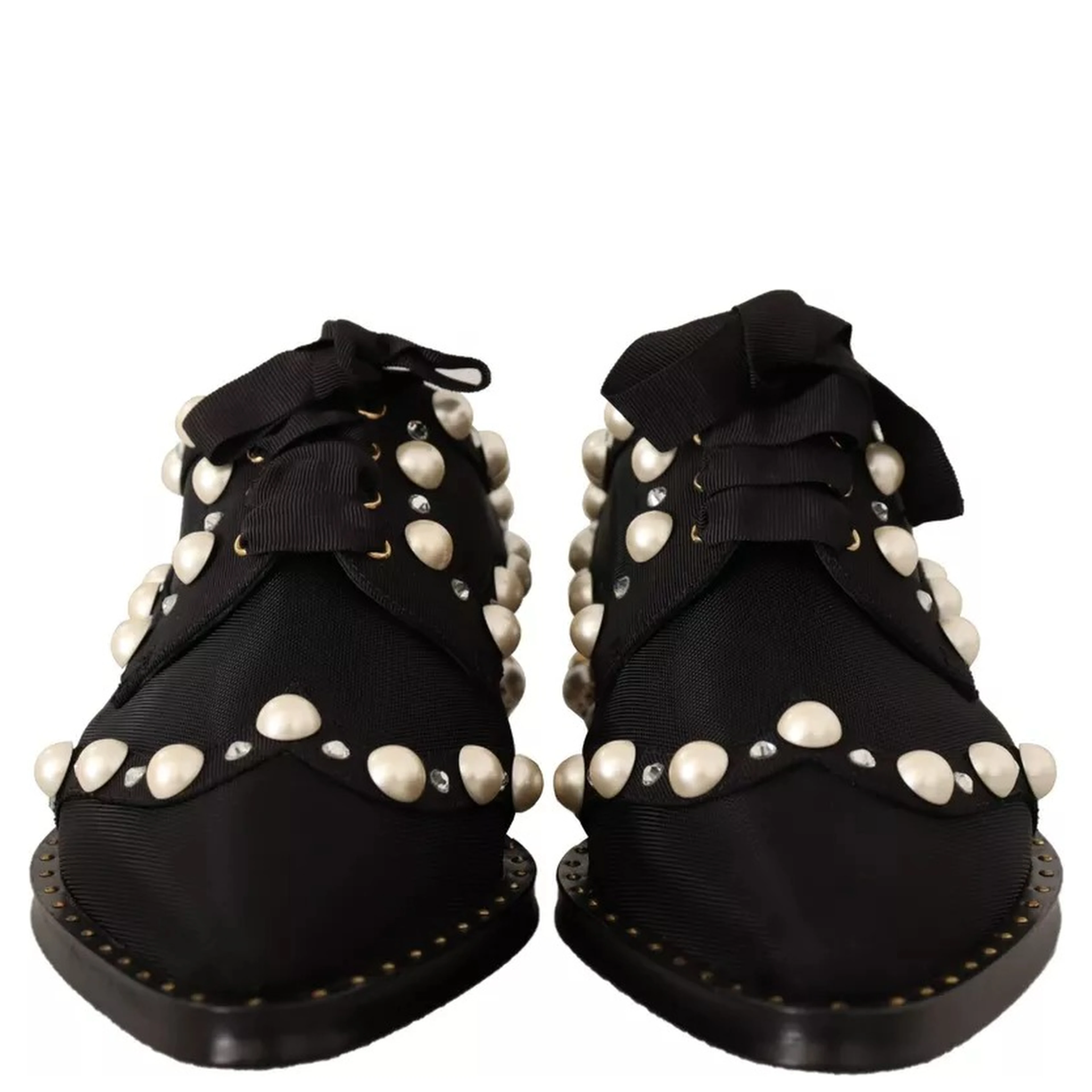 Black Lace Up Jewelled Formal Flats Shoes