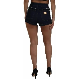 Blue Denim Stretch Crystal Hot Pants Shorts