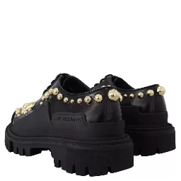 Black Leather Trekking Derby Embellished Shoes