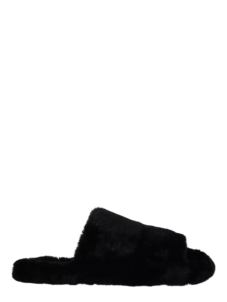 Black Polyester Faux Fur Mens Flats Sandals Shoes