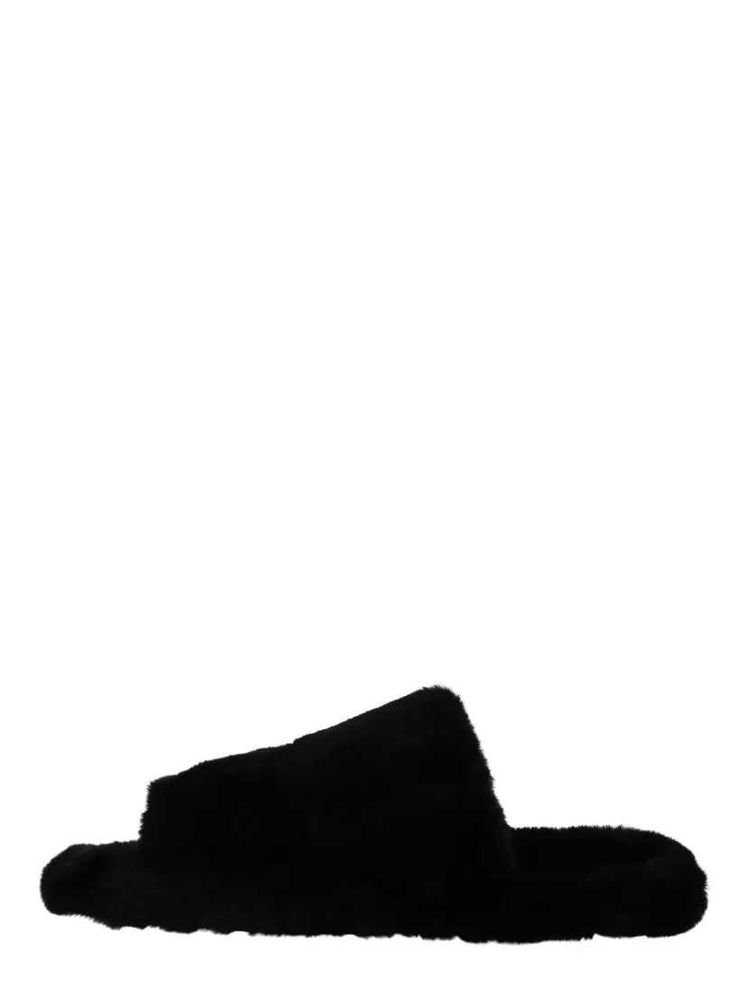 Black Polyester Faux Fur Mens Flats Sandals Shoes