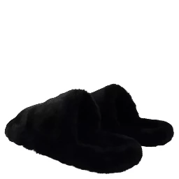 Black Polyester Faux Fur Mens Flats Sandals Shoes
